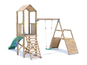 Dunster House Wooden Climbing Frame with Swing, Climbing Wall & Slide BalconyFort Low Platform