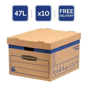 10 BANKERS BOX Cardboard Moving Boxes 47L Heavy Duty Double Wall Boxes Pack of 10