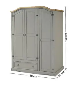 Corona Grey Wax 3 Door 1 Drawer Arch Top Wardrobe Solid Pine with Mexican Styling