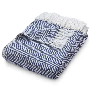 Woven Indoor Outdoor Washable Herringbone Cuddly Throw Navy - 130cm x 180cm