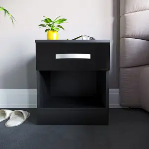 Arkadij High Gloss 1 Drawer Manufactured Wood Bedside Table, Modern Bedroom Cabinet Black