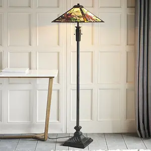 1.6m Tiffany Twin Floor Lamp Matt Black & Flowers Stained Glass Shade i00019