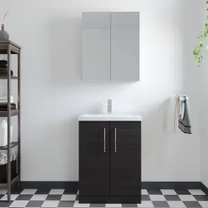 Compact Floor Standing 2 Door Vanity Basin Unit with Polymarble Basin - 600mm - Woodgrain Charcoal Black