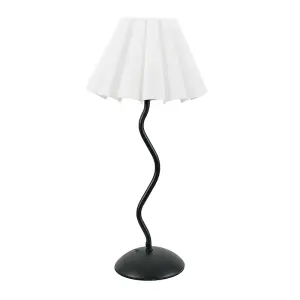 ValueLights Wiggle Black Metal Single Stem Table Lamp with White Scallop Tapered Lamp Shade and LED Bulb