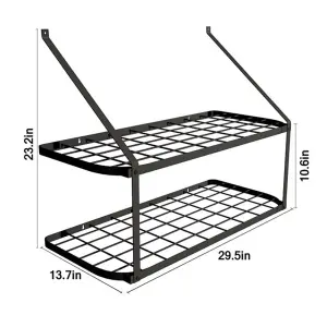 2 Tiers Metal Kitchen Storage Shelves Kitchen Organizer Saucepan Pan Pot Rack with 10 Hooks Wall Mounted