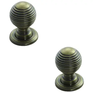 2 PACK - Reeded Ball Door Knob - 28mm Florentine Bronze Lined Cupboard Pull Handle & Rose