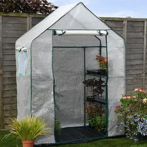 Walk In Greenhouse with PE Cover, 3 Tier with 6 Shelves, Roll Up Door & Netted Windows for Temperature Control