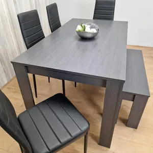 Dining Table and 4 Chairs With a Bench  Black Dark Grey 4 Black Leather Chairs 1 Grey Bench Wood Dining Set Furniture