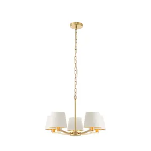 Luminosa Harvey 5 Light Multi Arm Ceiling Pendant Satin Brushed Gold, Vintage White Silk Effect, E14