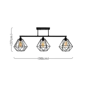 ValueLights Fillatt Industrial 3 Way Satin Black Pipework Ceiling Light with Black Cage Shades