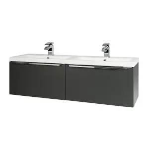 1200mm Bathroom Wall Mounted Drawer Unit and Twin Ceramic Basin - Matt Dark Grey (Central) - Brassware Not Included