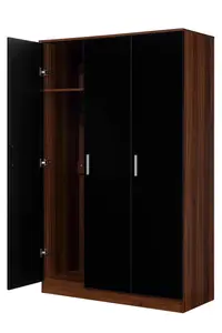 REFLECT 3 Door Plain Wardrobe in Gloss Black Door Fronts and Walnut Carcass