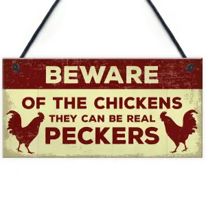 Red Ocean Beware Of The Chickens Sign For Gate Chicken Coop Hen House Funny Chicken Gift