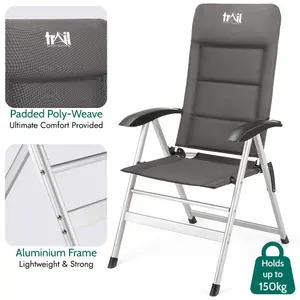 Reclining Camping Chair Folding Aluminium Garden Recliner Sponge Padded Trail - Grey