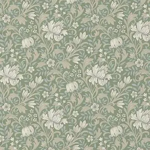 Sage Green Floral Wallpaper Light Blue Leafs Beige Flowers Smooth Matte Grandeco