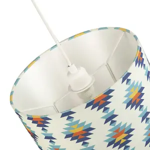 Colourful Boho Geometric 12 Inch Drum Lamp Shade in White with Blues and Oranges