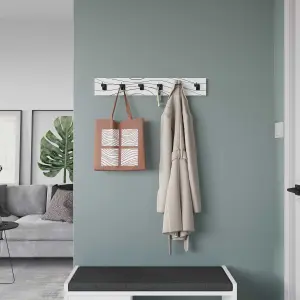 Decortie Modern Flow Wall-Mounted Hanger White Engineered Wood w/6 Black Metal Hooks Storage Coat Rack 63(W)x1.8(D)x9.8cm