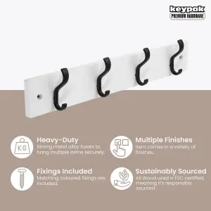 keypak Wall-Mounted Coat Rack - 4 Hooks on Modern Wooden Base for Wall & Door - 38cm (Matte Black/White)