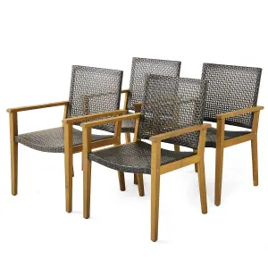 Costway Patio Dining Chairs Set of 4 Outdoor Acacia Wood & PE Wicker Chairs with Armrests