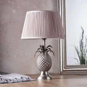 Table Lamp Pewter Plate & Dusky Pink Silk 60W E27 GLS Base & Shade