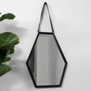 Hexagon Black Metal Mirror with Leather Strap