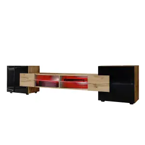 Bridge Wide TV Unit with Storage & Led Lighting - Black Gloss / Wotan Oak