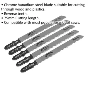 5 PACK 75mm Chrome Vanadium Steel Jigsaw Blade - 10 TPI - Reverse Teeth - Wood