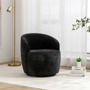 Chenille Fabric Swivel Accent Armchair Barrel Chair With Black Powder Coating Metal Ring, Black