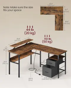 VASAGLE Corner Computer Desk with Power Outlets, L-Shaped Gaming Desk with LED Lights, Monitor Shelf, Rustic Brown