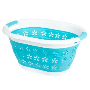 COLLAPSIBLE FLOWER PRINT LAUNDRY BASKET - TURQUOISE