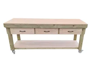 Wooden Eucalyptus hardwood top workbench, tool cabinet with drawers (V.1) (H-90cm, D-70cm, L-210cm) with wheels