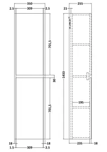 Square Wall Hung 2 Door Tall Bathroom Unit, 350mm - Matt Coastal Grey