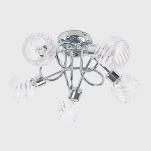 ValueLights Reyka 5 Way Chrome Curved Arm Flush Ceiling Light with Stunning Swirled Glass Dome Shades with 3w LED G9 Bulbs