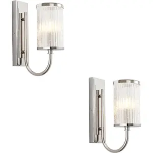 2 PACK Bright Nickel Dimmable Wall Light - Ribbed Bubble Clear Glass Shade - 6W LED E14