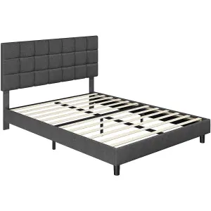 Yaheetech Dark Grey 5ft King Upholstered Bed Frame with Square Tufted Adjustable Headboard and Wooden Slats Support