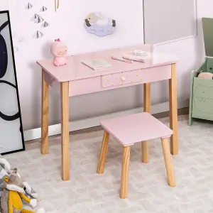 Costway 2-in-1 Kids Vanity Set Children Wooden Vanity Set w/ Stool Mirror & Drawer