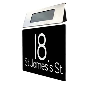 Personalised Aluminium House Plaque with Solar Light Customised with Your House Number and Street Name 160 x 280mm Black