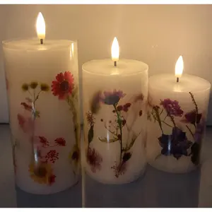 Set of 3 Dried Flower Embedded Real Wax LED Flame Candles - Battery Powered Candle Lights with Floral Design - H18, H12 & H10cm