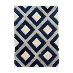 Grey Navy Shaggy Rug, Geometric Rug with 40mm Thickness, Modern Luxurious Rug for Bedroom, & Dining Room-80cm X 150cm