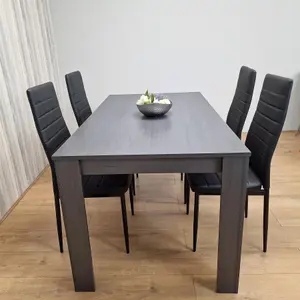 Dining Table and 4 Chairs  Black Dark Grey 4 Black Leather Chairs  Wood Dining Set Furniture