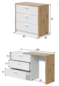 Gothenburg White and Oak Space Saving Chest of Drawer Desk