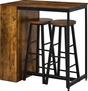 HOMCOM Industrial Bar Table And Stools For 2 People, 3-Pieces Bar Table Set With Storage Shelf For Kitchen, Brown | Aosom UK