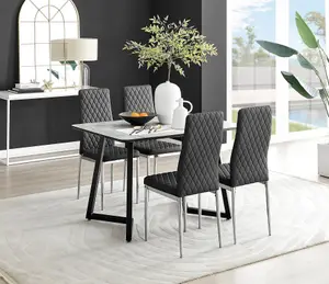 Furniturebox UK Carson White Marble Effect Dining Table & 4 Black Milan Chrome Leg Chairs