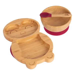 Tiny Dining - Children's Bamboo Suction Penguin Dinner Set - Red