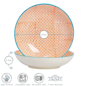 Nicola Spring Hand-Printed Pasta Bowl - Japanese Style Porcelain Ramen Salad Serving Bowl - 22cm - Orange