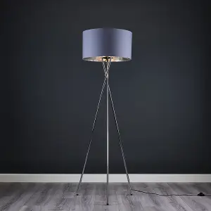 ValueLights Camden Polished Chrome Metal Tripod Floor Lamp with Grey & Chrome Cylinder Shade - Includes 6w LED Bulb 3000K