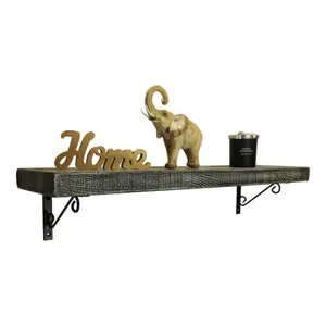 Solid Wood Handmade Rustical Shelf Monochrome 225mm 9 inch with Black Metal Bracket WOP Length of 170cm