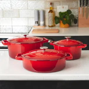 Cast Iron Casserole Set of 3 20 cm 26cm & 28cm / 2.8L 4.3L & 5.8L Dishes Oven Proof Enamelled Cast Iron Pans with Lids