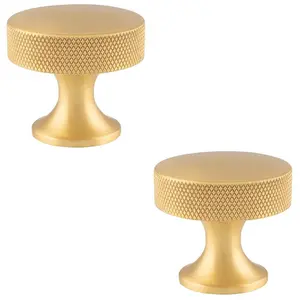 2 PACK - Knurled Flared Stem Cabinet Door Knob - 38mm Satin Brass Cupboard Pull Handle