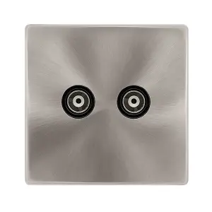 Brushed Steel Screwless Plate Twin Isolated Coaxial Socket - Black Trim - SE Home